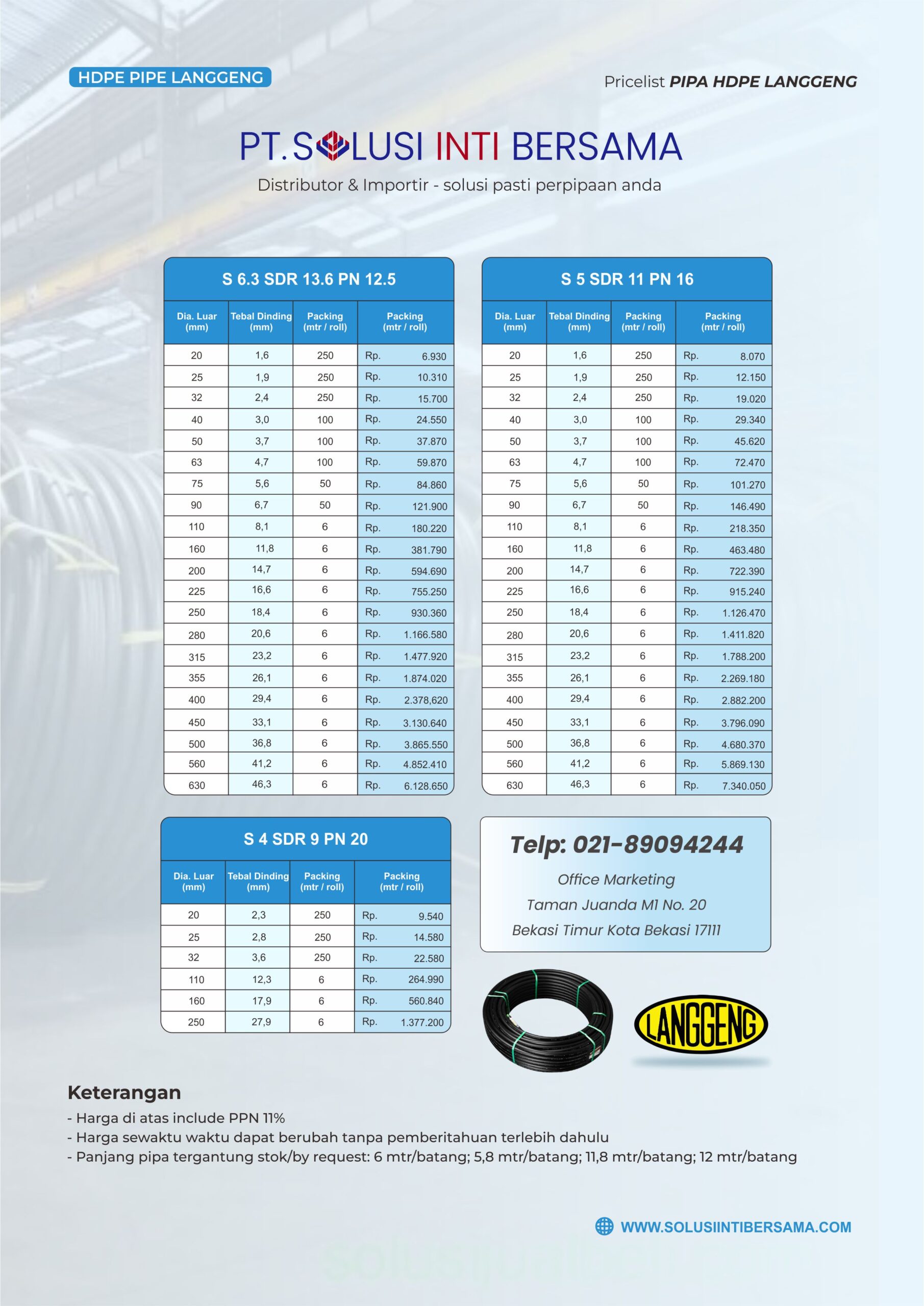 DAFTAR HARGA PIPA HDPE LANGGENG SNI TERBARU 2024