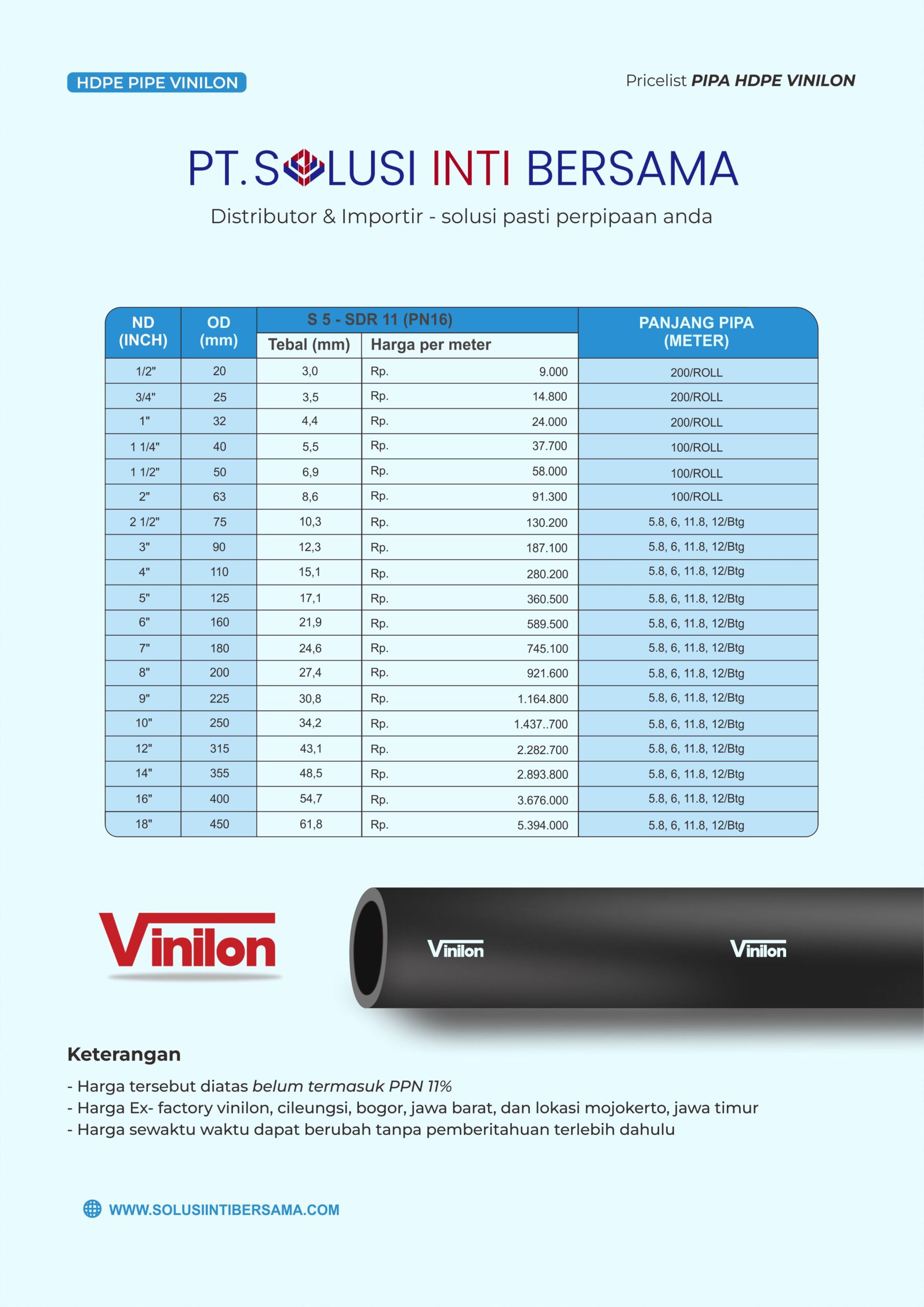 DAFTAR HARGA PIPA HDPE VINILON SNI TERBARU 2024