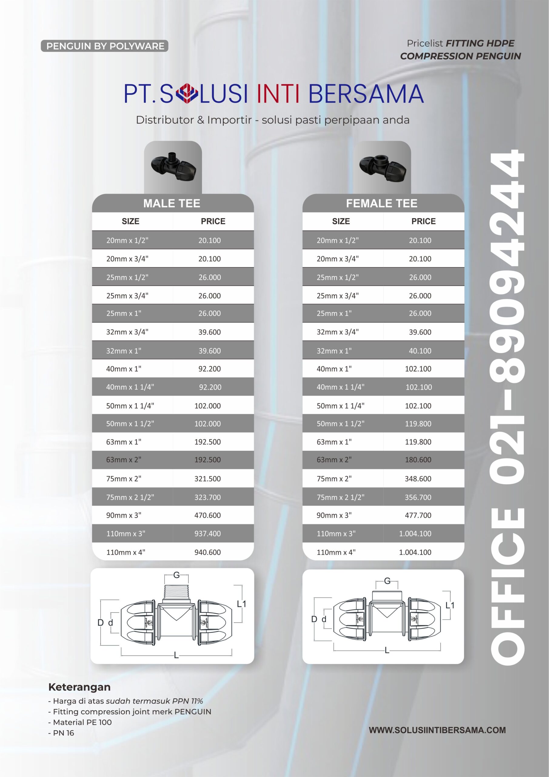 daftar harga sambungan pipa hdpe compression penguin terbaru 2024 distributor termurah
