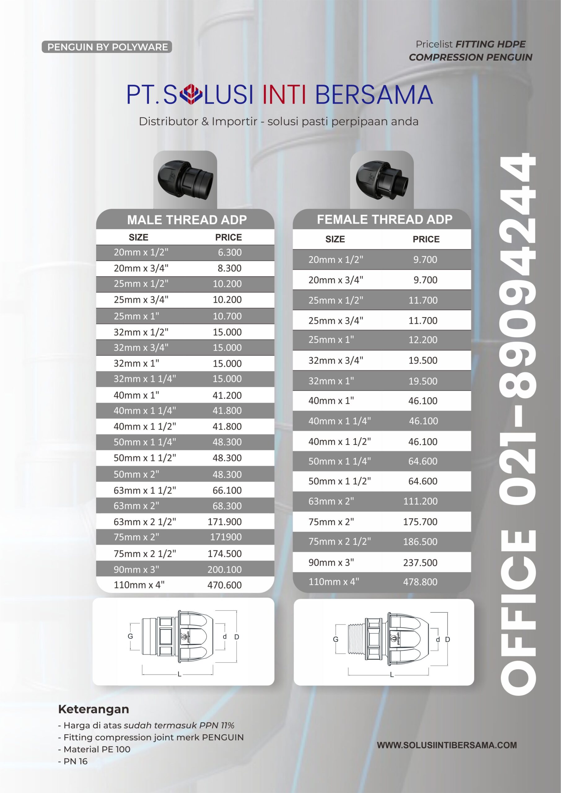 daftar harga sambungan pipa hdpe compression penguin terbaru 2024 distributor termurah