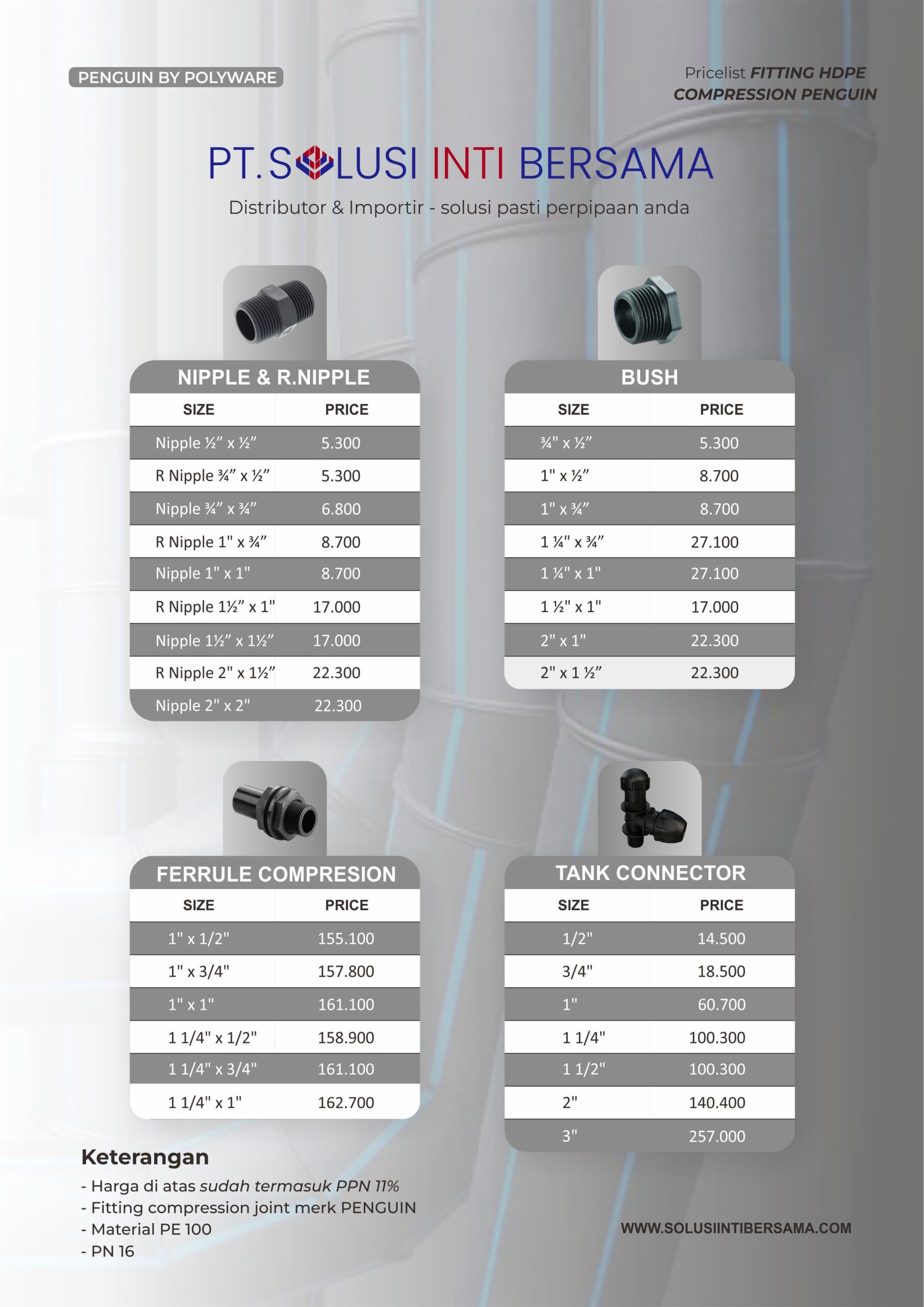 daftar harga sambungan pipa hdpe compression penguin terbaru 2024 distributor termurah